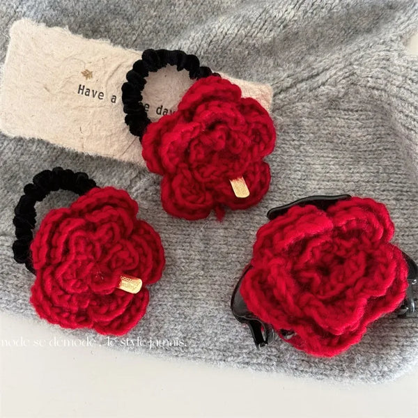 TAVIMART  -  Wool gold label red flower grab clip New Year's holiday festive small half clip hairpin shark clip hair accessories new