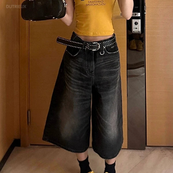 TAVIMART  -  American Street Straight Calf-Length Pants Y2k Vintage Black Washed Denim Shorts 2024 New High Waist Wide Leg Jeans Women