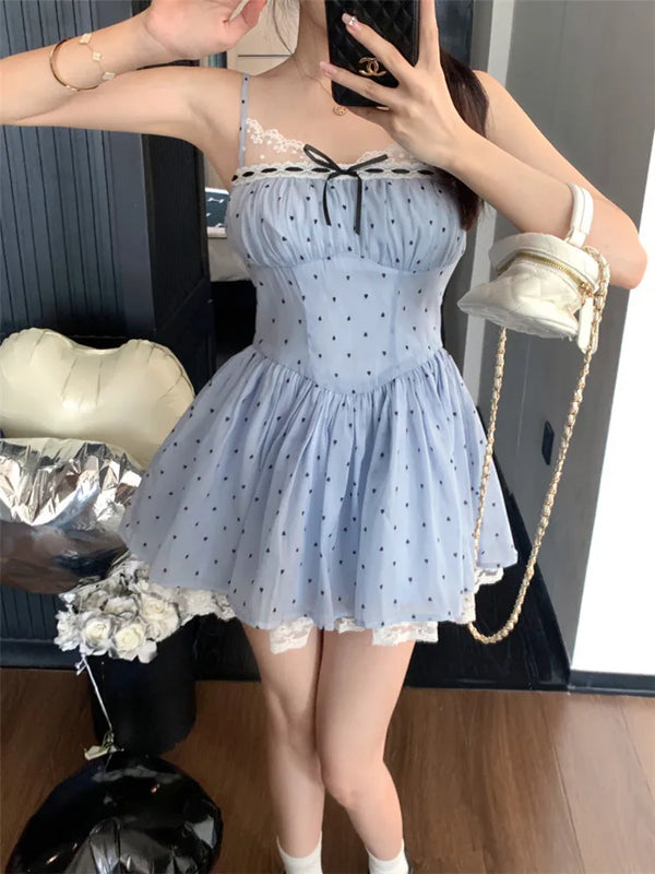 Tavimart  -  Summer Prairie Style Porka Dot Short Blue Strap Dress Sexy Lace Stitching Slim A Line Mini Dress New Fashion Cute Bow Slip Dress