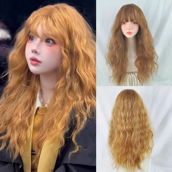 TAVIMART  -  Blonde Synthetic Long Wave Wig with Bangs Fluffy Lolita Cosplay Women Heat Resistant Wig for Daily Party