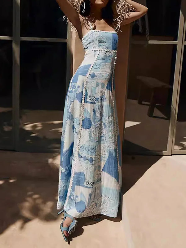 TAVIMART  -  Backless Elegant Printed Fashion Party Dress, 2024 Women Summer Sleeveless Simple Maxi Dress, Lace-Up Square Collar Ladies Dress