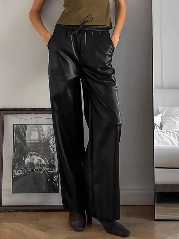 TAVIMART  -  PU Leather Vintage Wide Leg Pants Women Casual Elastic High Waist Floor Length Trousers Female Straight Chic Autumn Pants