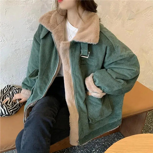 TAVIMART  -  Plush Jacket Color Block Zipper Women'S Cotton Jacket Thickened Winter Warm Solid Color Jacket Long Sleeve Retro Jacket