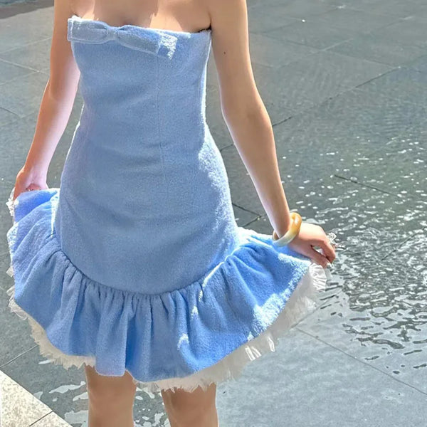 TAVIMART  -  High Quality Towel Material Bow Strap Slim Midi Dress Autumn Bow Lady Ruffles Hem Mesh Fluffy Party Blue Luxury Brand Dress