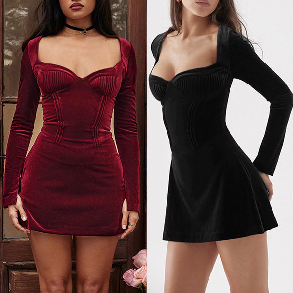 TAVIMART  -  Women Corset Short Dress Chic Velvet Pleated Mini Dress Solid Color Pullover Slim Fit Homecoming Dress