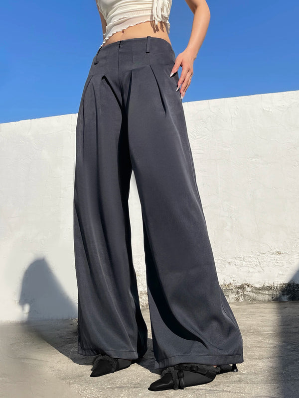 TAVIMART  -  Casual Loose Folds Suit Pants Basic Solid Mid-Waisted Wide Leg Pants Women Autumn Spring Fashion Streetwear Ladies