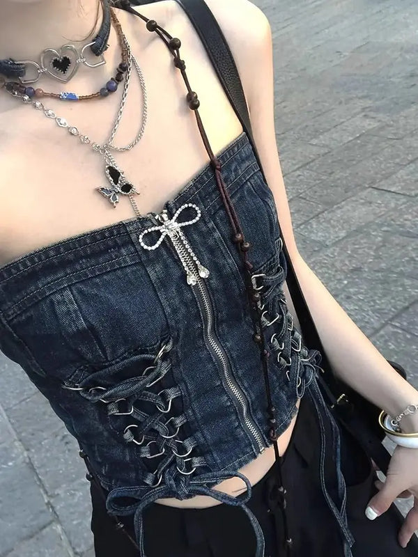 TAVIMART  -  Summer Vintage Y2k Sleeveless Crop Tops Women Backless Sexy Party Denim Corset Women Bandage Korean Fashion Casual Vest