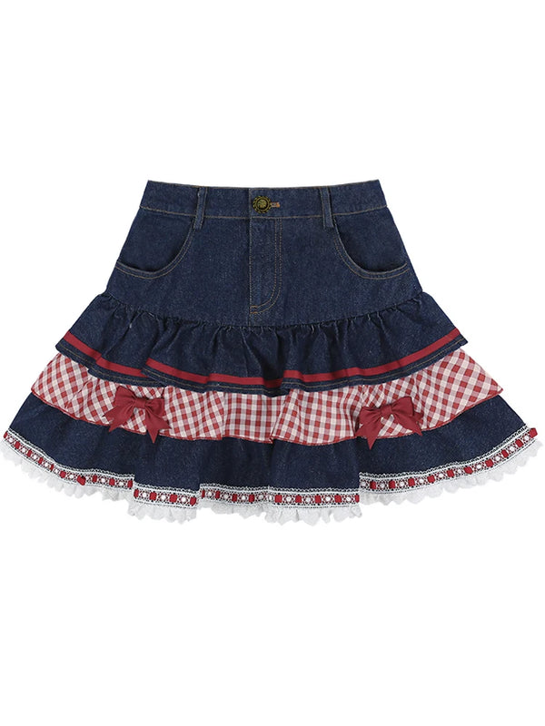 TAVIMART  -  High Waist Casual Bow Tiered Skirts Women Korean Hearts Kawaii Mini Skirts Y2K Girls Cute Summer Sweet Lolita Denim Skirt