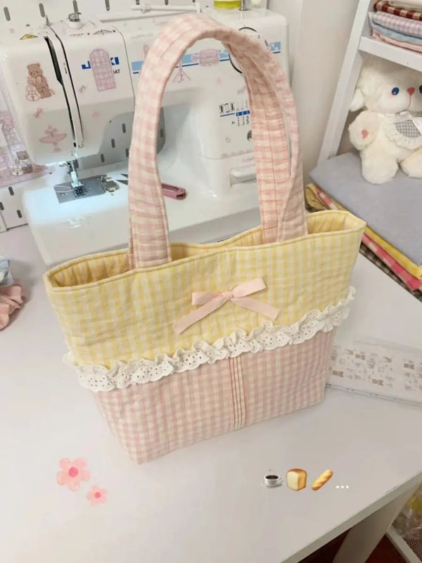 TAVIMART  -  2024 Spring New Small Yellow Grid Colored Lace Sweet Cute Handbag Causal Korean Chic Shoulder Underarm Tote Bags