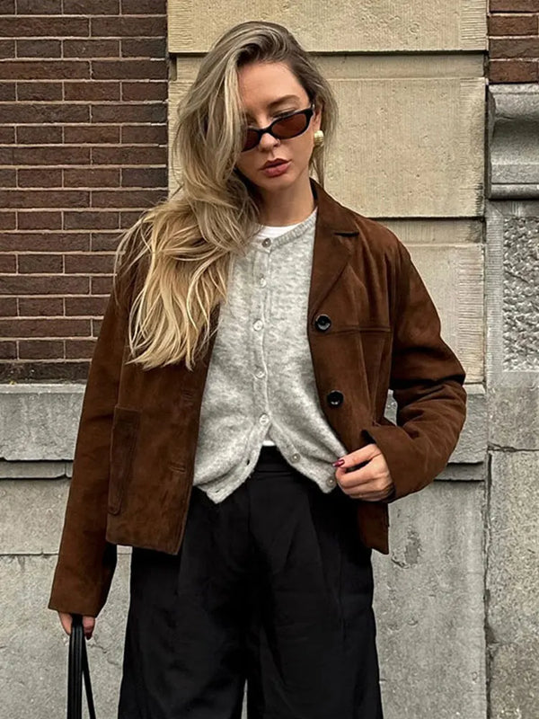 TAVIMART  -  Retro Suede Female Blazer Jacket Chic Lapel Single Breasted Long Sleeve Lady Short Coat Autumn Winter Pockets Lady Outwear