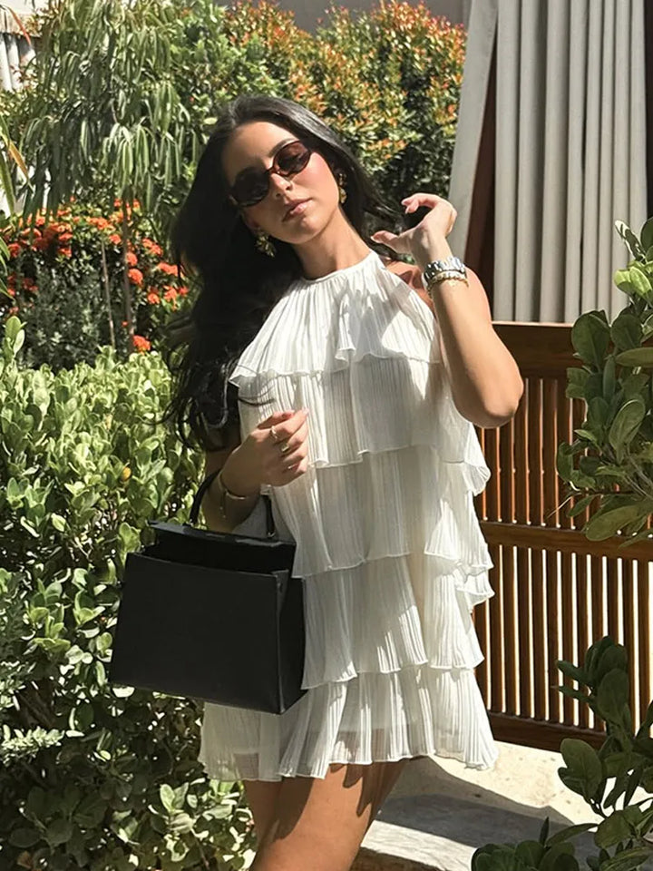 TAVIMART - Women White Stacked Ruffle Mini Dress Elegant O-neck Sleeve ...