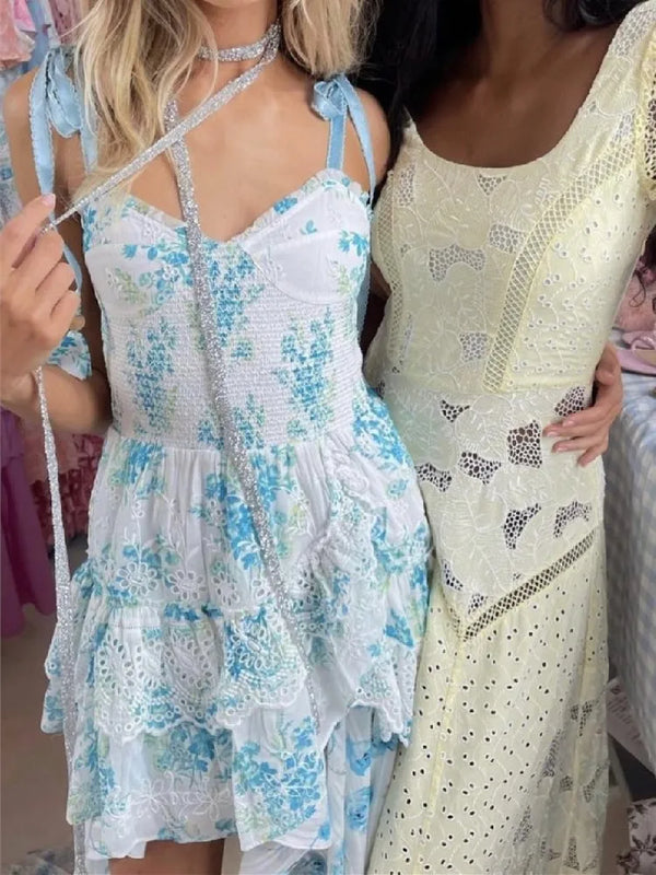 TAVIMART  -   Holiday Hollow Out Embroidery White Blue Flower Print Tassel Ball Lacing up Sling Dress Women Cross Ruffles Hem Mini Robe BOHO