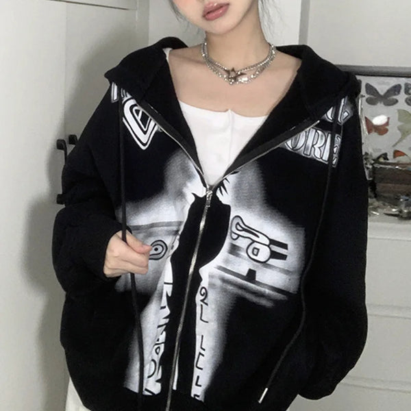 TAVIMART  -  Instagram European and American Dark Print Contrasting Loose Hoodie Long Sleeved Jacket