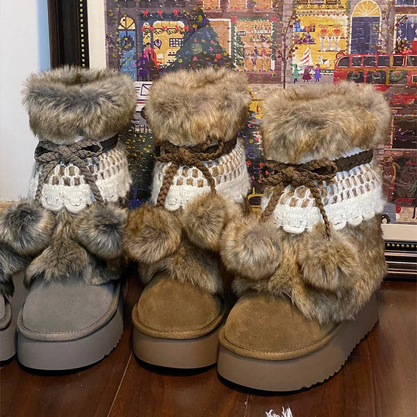 TAVIMART  -  Autumn/winter Retro Snow Boots Tri-color Fur Round Head Thick Sole Forest Tie Warm Lace Hairball Retro Snow Boots Girls' Socks