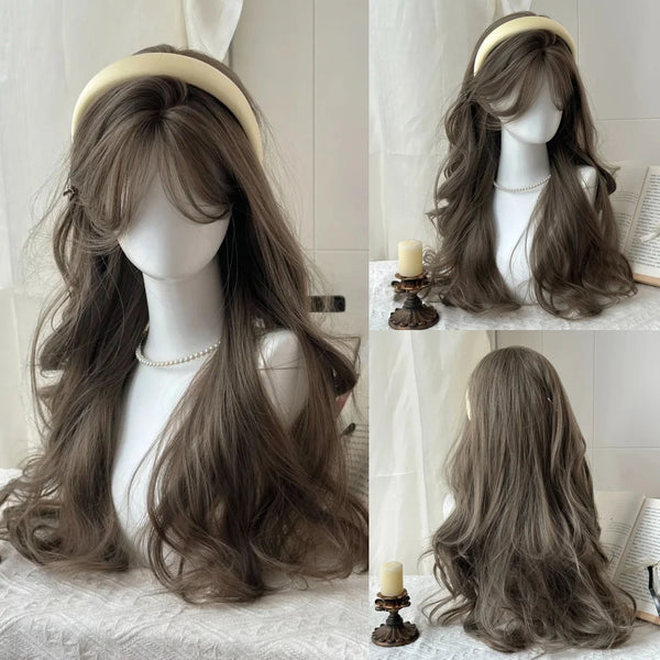 TAVIMART  -  Long Wavy Brown Synthetic Wig with Bangs Fluffy Women Lolita Cosplay Wig Heat Resistant for Daily Part