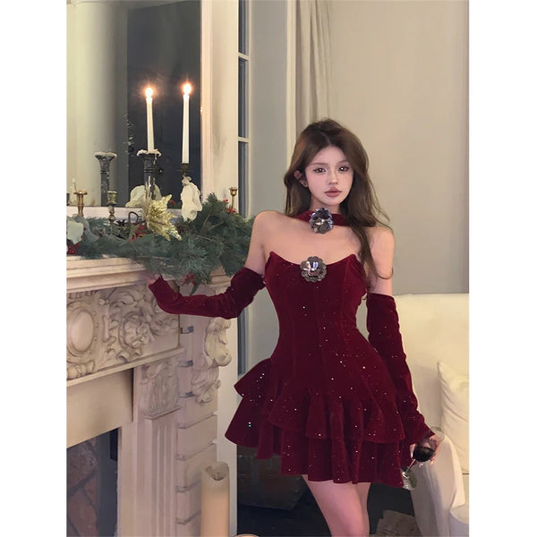 TAVIMART  -  Sweet Hot Girl Sequin Velvet Evening Dress For Women'S Autumn And Winter Slim Fit Strapless A-Line Dress Fashion Female Clothes