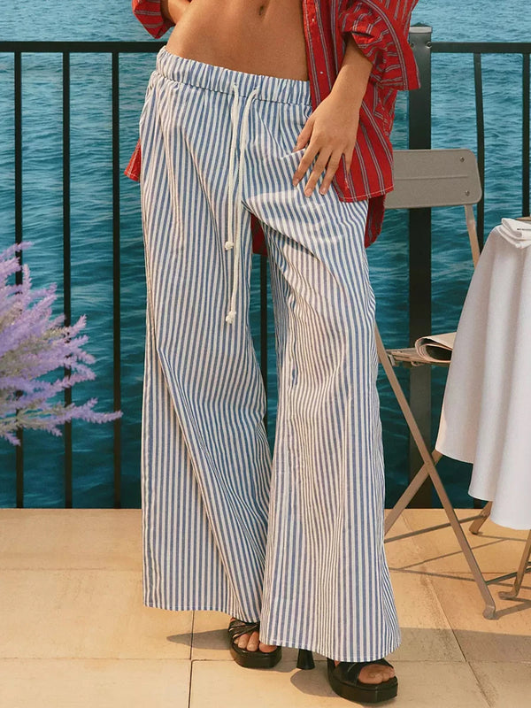 TAVIMART  -  Summer Striped Casual Pants Women 2024 New Rise Low Waist Chic Drawstring Trouser Simple Fashion Wide Leg Pant Female Bottom