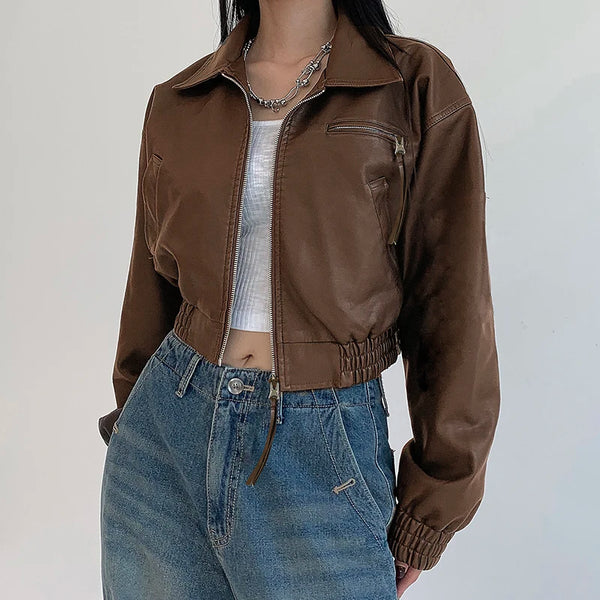 TAVIMART  -  Korean Fashion Brown PU Jacket Y2K Vintage Autumn Casual Faux Leather Zipper Coat Harajuku Streetwear Outwear Lady