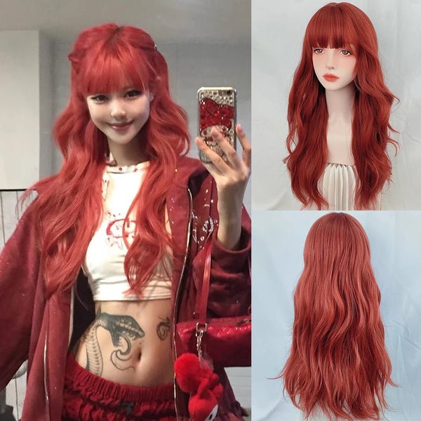 TAVIMART  -  Long Wavy Orange Red Wig with Bangs Synthetic Fluffy Lolita Cosplay Women Heat Resistant Wig for Daily Party