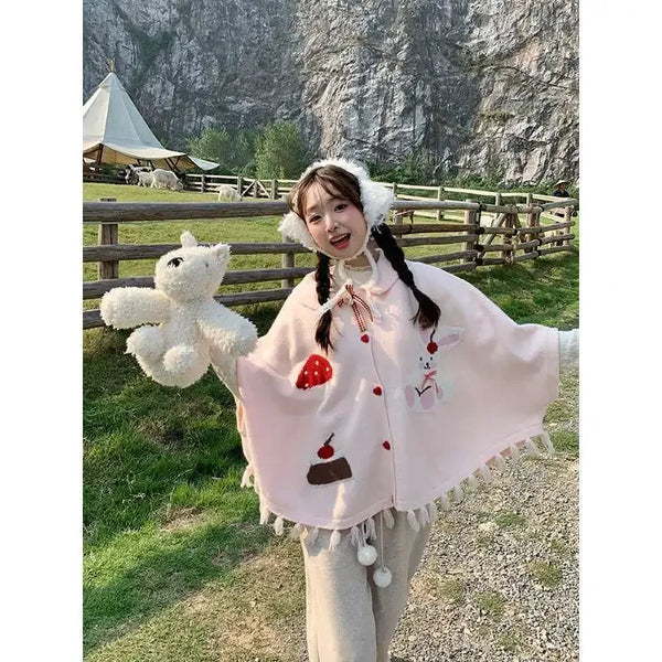 TAVIMART  -  Japanese College Style Autumn Winter Cute Bunny Shawl Cloak Kawaii Lapel Tassel Bow Cardigan Women Knitted Sweater Top