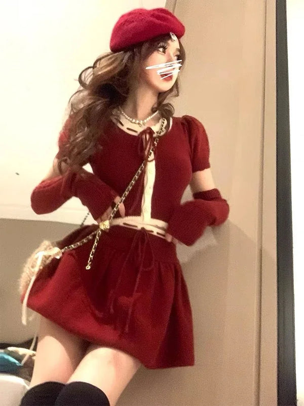 TAVIMART  -  Autumn Winter New Christmas Red Skirt Suit Women Casual Slim Blouse + Y2k Mini Skirt Sweet Fashion 2 Piece Skirt Set Female