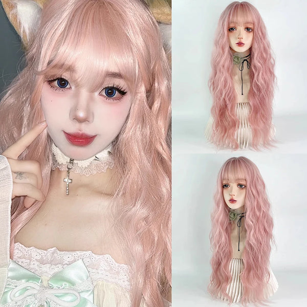 TAVIMART  -  Long Wavy Synthetic Pink Women Wig with Bangs Lolita Cosplay Fluffy Wig Heat Resistant for Daily Party