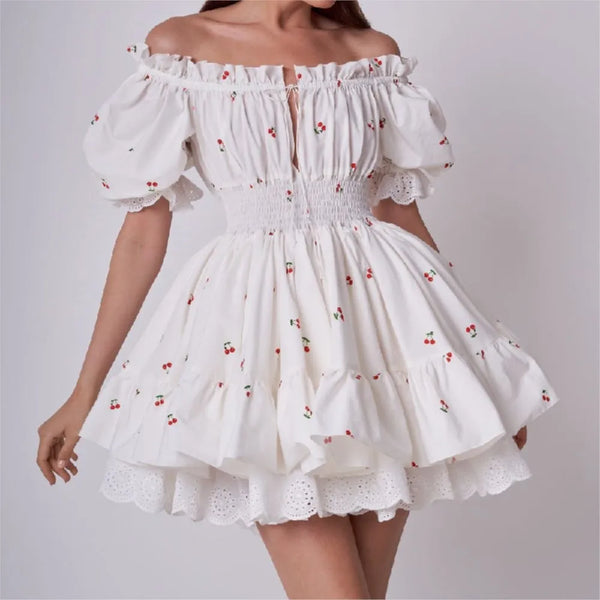 TAVIMART  -   Princess Yellow Cherry Print Spliced Lace Corset Style Mini Dress Women Puff Sleeve Slim Waist Ruffle Hem Cake Party Robe