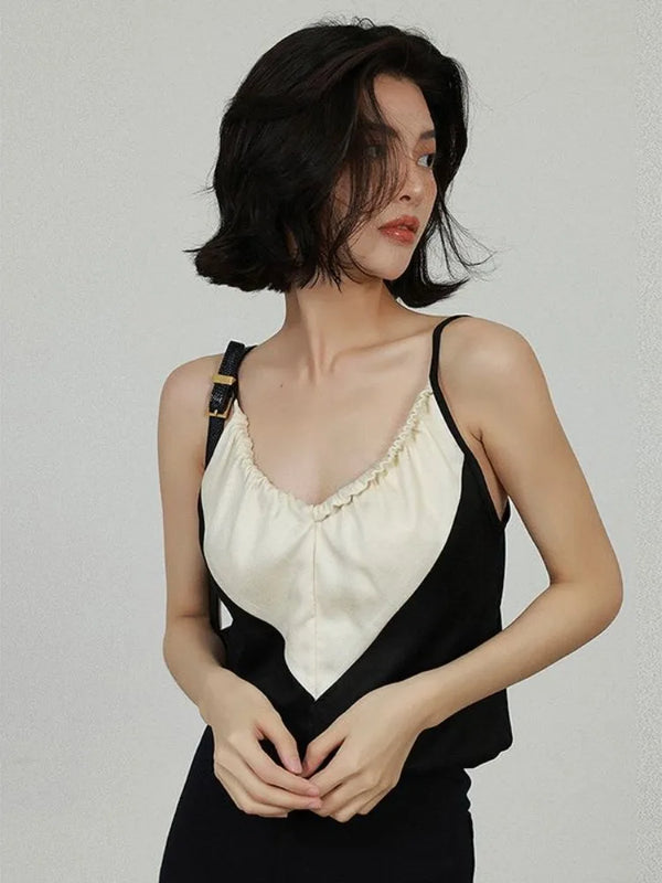 TAVIMART  -  Elegant Satin Crop Top Women Black White Contrast Patchwork Backless Camis Office Lady V-neck Casual Halter Tops Summer