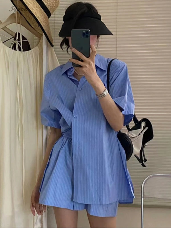 TAVIMART  -  Casual Stripe Short Sleeve Blouse Women And Elastic Waist Shorts Two Piece Set New Fashion Loose Shirts Summer Suit