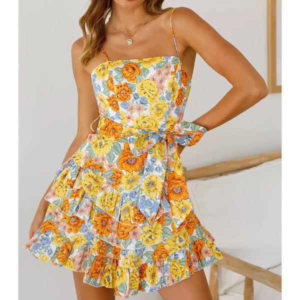 TAVIMART  -  Floral Printed Boho Mini Dress Bow Tie Backless Summer Women Party Dress Ruffles Holiday Sexy Ladies Dress Vestidos