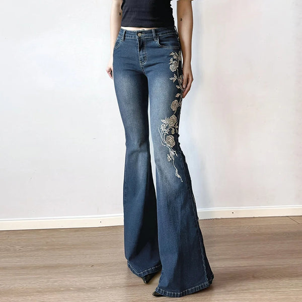 TAVIMART  -  Y2K Rose Embroidered Trumpet Jeans Women Fashion Aesthetic Slim Flare Pants Vintage Blue 2000s Denim Trousers Spring