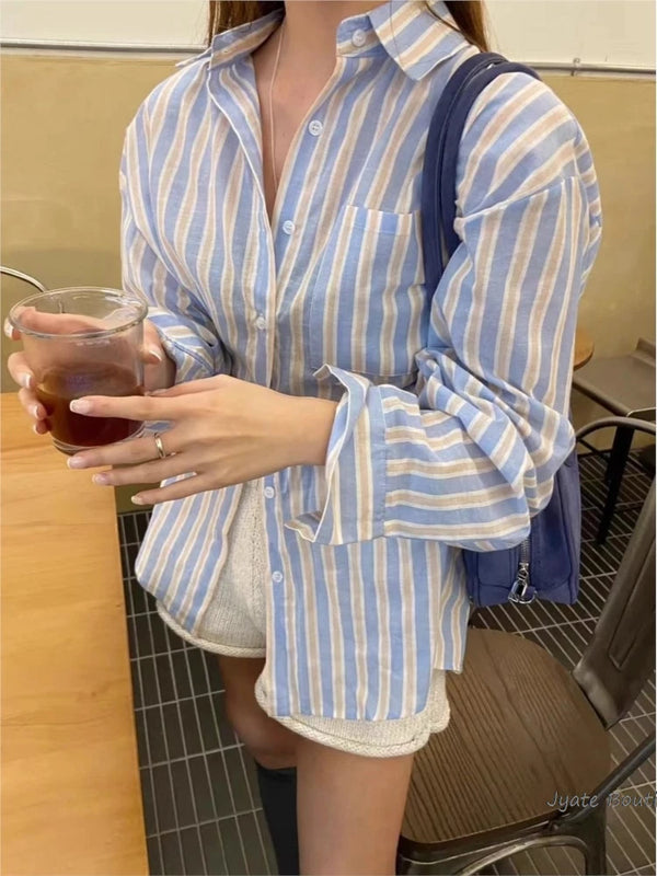 TAVIMART  -  back letter slit fashion Women's shirt cotton stripe lapel casual long sleeve Top woman spring summer new button office blouse