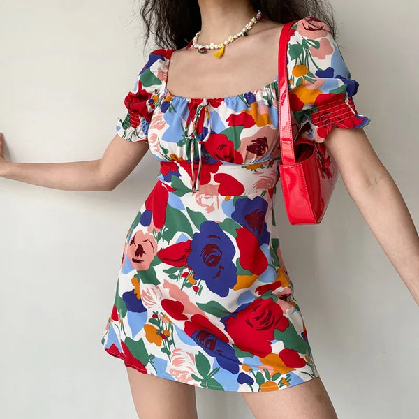 TAVIMART  -  Summer Women's dress Beach Style A-LINE Floral Printing Miniskirt Strapless Holiday trip female clothing