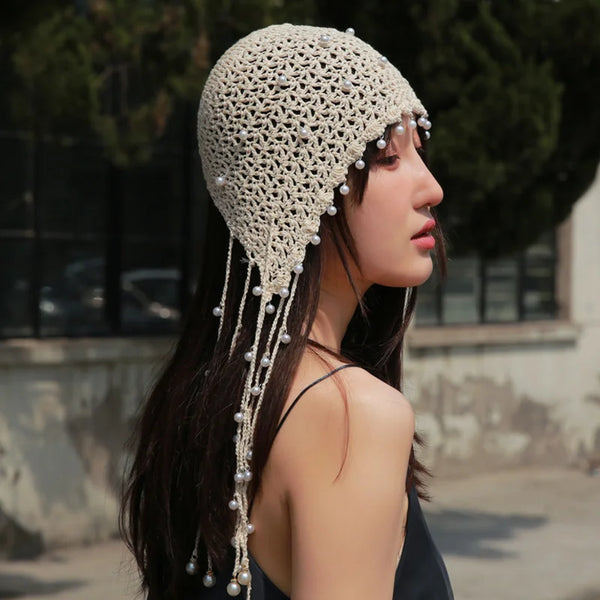 TAVIMART  -  Japanese Spring Summer Handmade Crochet Knitted Hat Hollow Retro Fringed Pearl Sunscreen Hat Fashion Breathable Court Beanie Cap