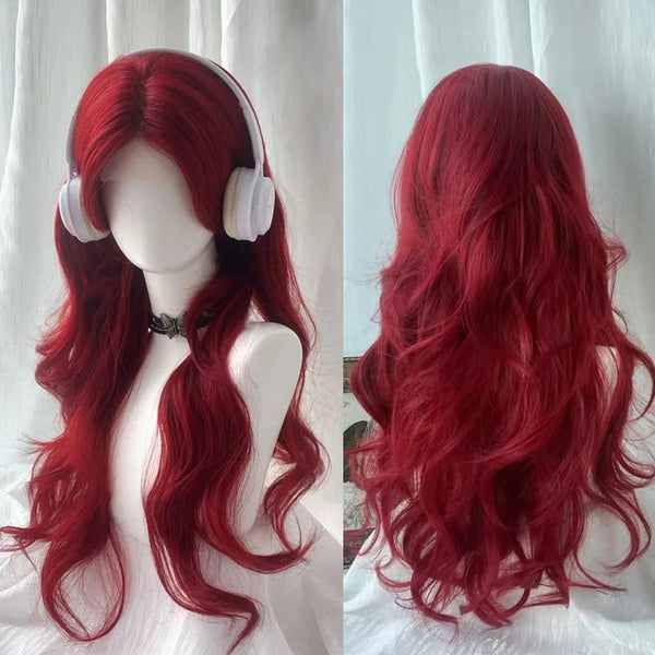 TAVIMART  -  Lace Red Synthetic Long Wavy Wig Middle Part Fluffy Lolita Cosplay Women Wig Heat Resistant for Daily Party