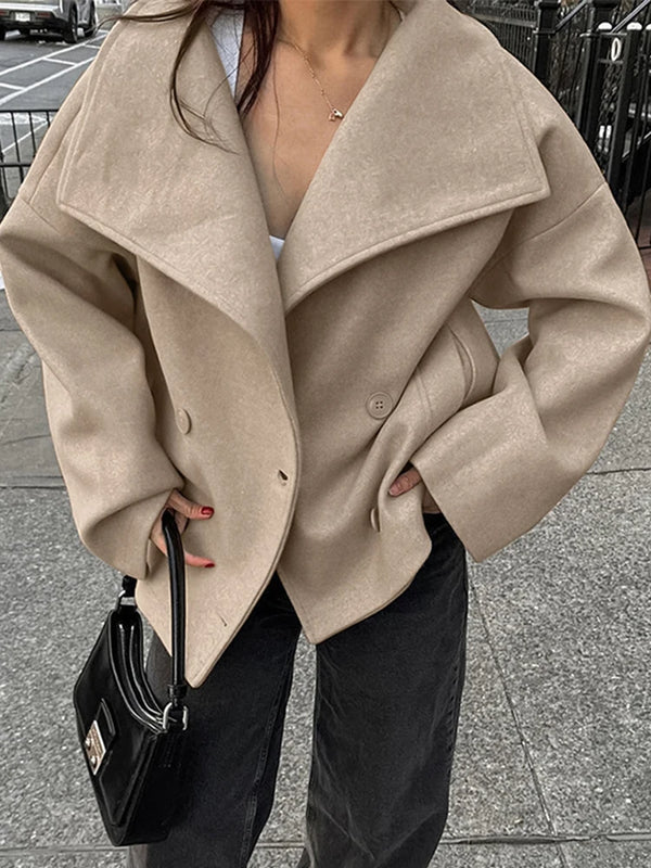 TAVIMART  -  Vintage Large Lapel Collar Short Coats Women Retro Casual Double-Breasted Pocket Coat Female Autumn Chic Loose Street Outwear