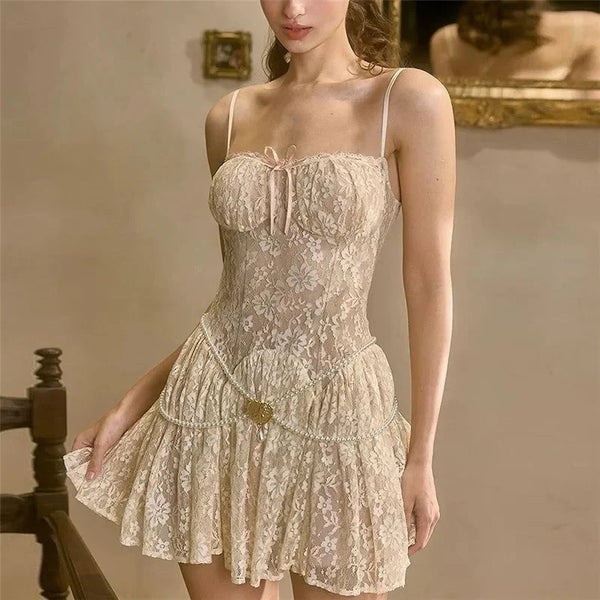 TAVIMART  -  Lace Spaghetti Strap Dress Women Summer High Waist Sleeveless Pleated Short Dress Sexy See-through Party Evening Dress