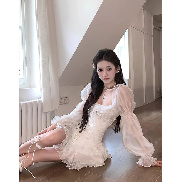 TAVIMART  -  French Elegant Evening Party Dress Women Casual Sexy Lace Puffed Sleeve Short Robe Summer Korean Y2k Sweet Mini Dress Chic