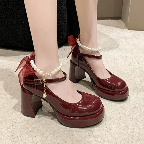 TAVIMART  -  Bow Bead Mary Janes Shoes Women High Heels Luxury party Shoes trend platform Lolita Elegant Chunky Pumps sandalias de muje