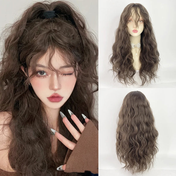 TAVIMART  -  Long Wavy Brown Wig with Bangs Synthetic Women Lolita Cosplay Fluffy Natural Heat Resistant Hair Wig for Daily Party