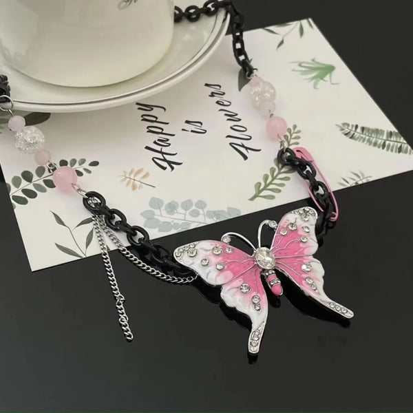 TAVIMART  -  Spice Girl Pink  Sweet  Butterfly Fringe Necklace Simple Y2k Butterfly Pendant Necklace Gifts