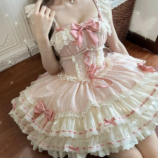 TAVIMART  -  Women Kawaii Lace Bow Ruffles Tea Party Dresses Japanese Sweet Lolita Jsk Mesh Dress Harajuku Cute Pink Princess Mini Cake Dress