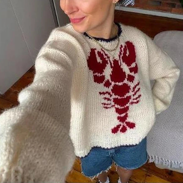 TAVIMART  -  Lobster Patterm Knitted Pullovers Autumn Winter Long Sleeve Knitwear 90s Vintage Grunge Preppy Style Y2K Sweater Women Clothes