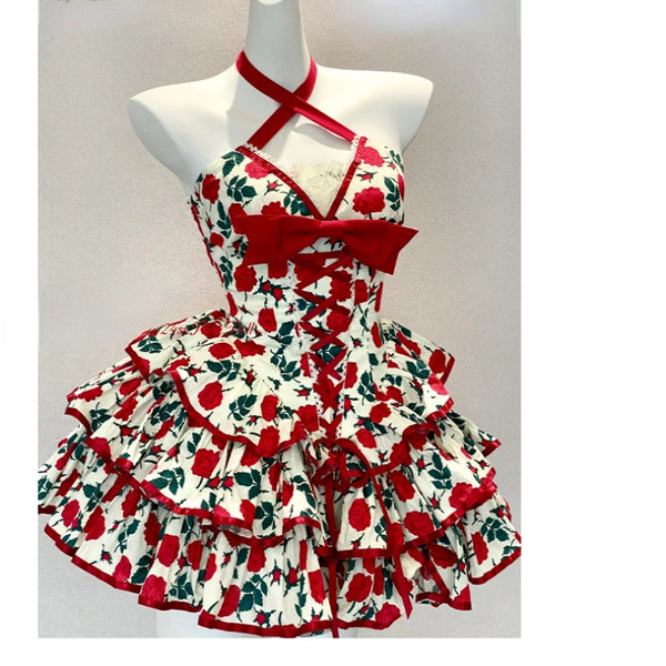 TAVIMART  -  Victorian Sweet Lolita Princess Dress Women Vintage Elegant Bow Flower Print Party Mini Dresses Female Sexy Slim Bandage Dresses