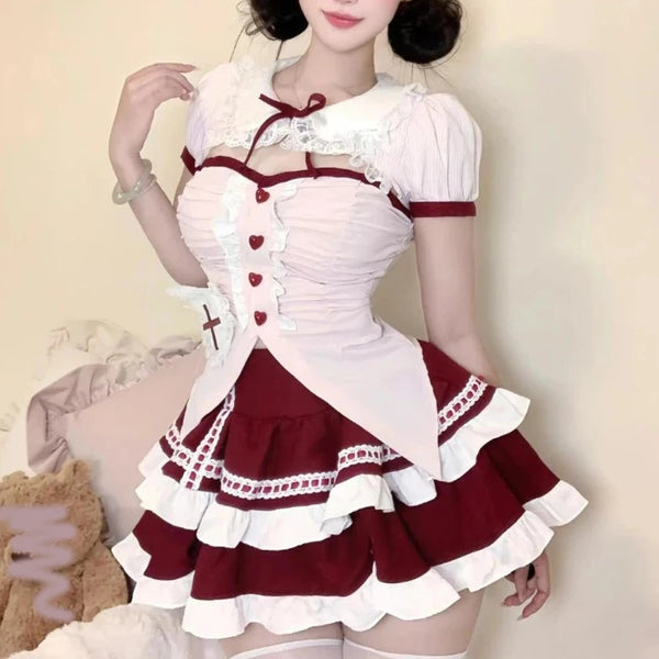 TAVIMART  -  Cute Ruffles Cake Skirt Kawaii Lolita Cosplay Costume 2 Piece Set 2025 Korean Fashion Summer Sweet Women Party Sexy Y2k Crop Top