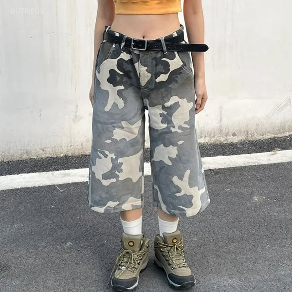 TAVIMART  -  Oversize Washed Gradient Camouflage Shorts Y2k E-Girl High Waist Straight Wide Leg Jeans 2024 New Loose Calf- Length Pants