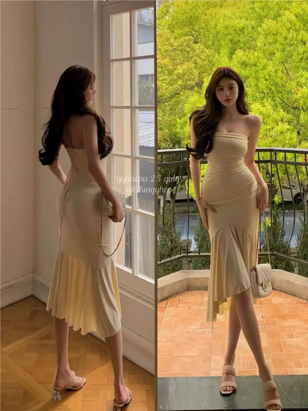 TAVIMART  -  Summer Aesthetic Midi Dress Women Strapless Fishbone Bandage Irregular Dress Party Club Sexy Elegant Dresses Backless Solid