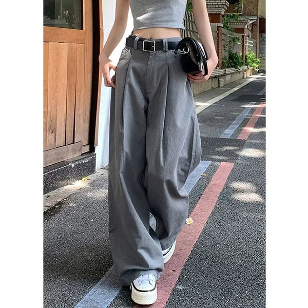 TAVIMART  -  Gray Vintage Suit Pants for Women Oversized Elegant Korean Fashion Slack Classic Trousers Office Ladies Palazzo Loose