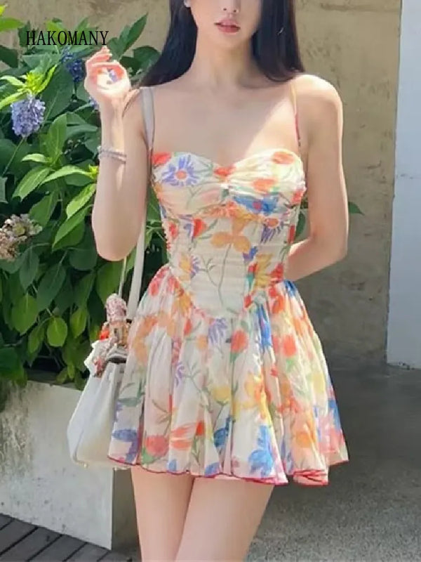 TAVIMART  -  Women Party Skater Short Sling Robe Vestido Sexy Orange Flower Print Ruched Chest Corset style Spaghetti Strap Mini Dress