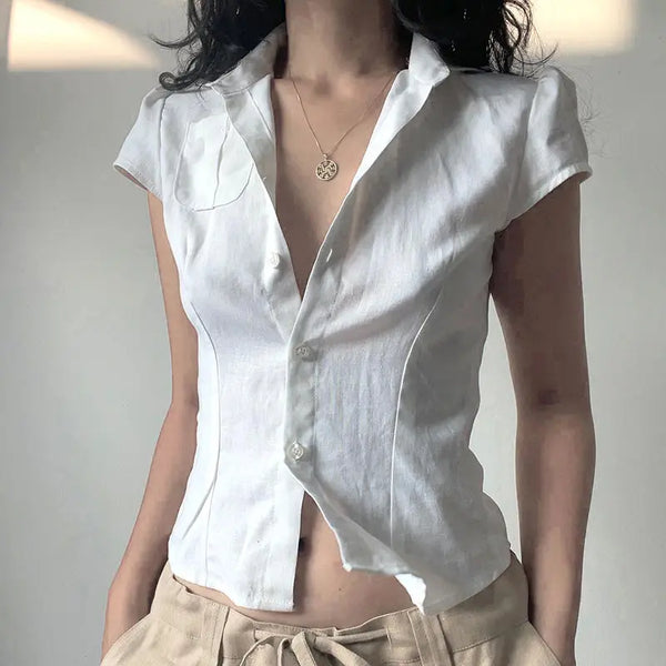 TAVIMART  -  Blouse Crop Top White Button Up Short Sleeve Pockets Vintage Women Korean Style T-Shirts Casual Streetwear Y2k 2024 Short Shirt